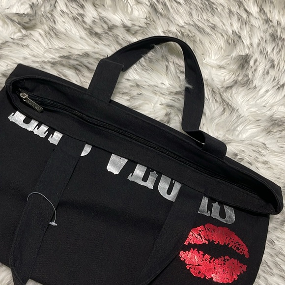 Las Vegas Kiss Foil Graphic Cotton Canvas Tote Bag Black - Picture 6 of 11